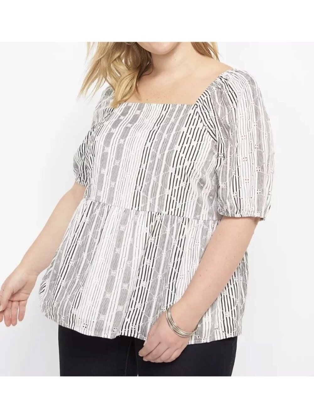 Lane Bryant Women PLUS Size 7X (38/40) White Black Stripe Eyelet Peplum Blouse